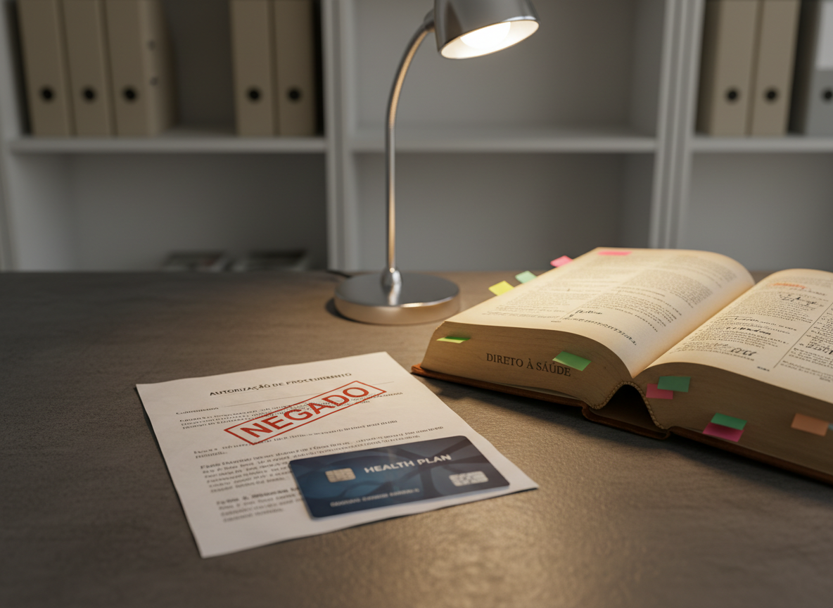 A close-up of a health insurance card and a refused authorization form placed on a dark, matte desk surface, with a bold red “NEGADO” stamp prominently printed across the top document. Beside them, an open, well-worn legal book on health law reveals underlined sections and adhesive tabs in various colors. A small, chrome desk lamp casts warm, focused light on the papers, creating a dramatic contrast between illuminated text and the slightly darker surroundings. The background fades into a soft blur of a tidy office shelf with neutral folders. Captured from a low, oblique angle with shallow depth of field, the composition enhances the sense of urgency while conveying control and expertise. The overall style is realistic, professional, and subtly dramatic, reinforcing the idea of turning denial into a resolved case.