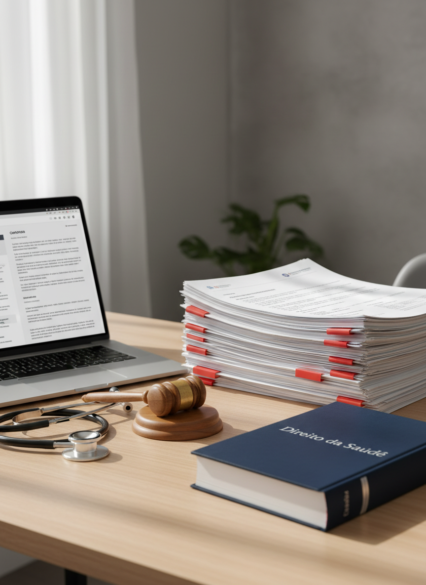 A neat stack of official health insurance documents, denial letters, and medical reports arranged on a clean, light-wood office desk beside a closed, dark blue legal code book embossed with “Direito da Saúde” in silver. A modern laptop displays an open digital contract on its screen, with a stethoscope and a small wooden judge’s gavel resting nearby as symbolic elements. Soft, diffused daylight from a nearby window gently illuminates the scene, creating subtle reflections on the laptop and light shadows under the papers. Photographed at eye level with a shallow depth of field, the focus is on the documents and legal book, while the background fades into a soft blur of neutral office tones. The mood is professional, trustworthy, and reassuring, with clean photographic realism and a modern, organized aesthetic.
