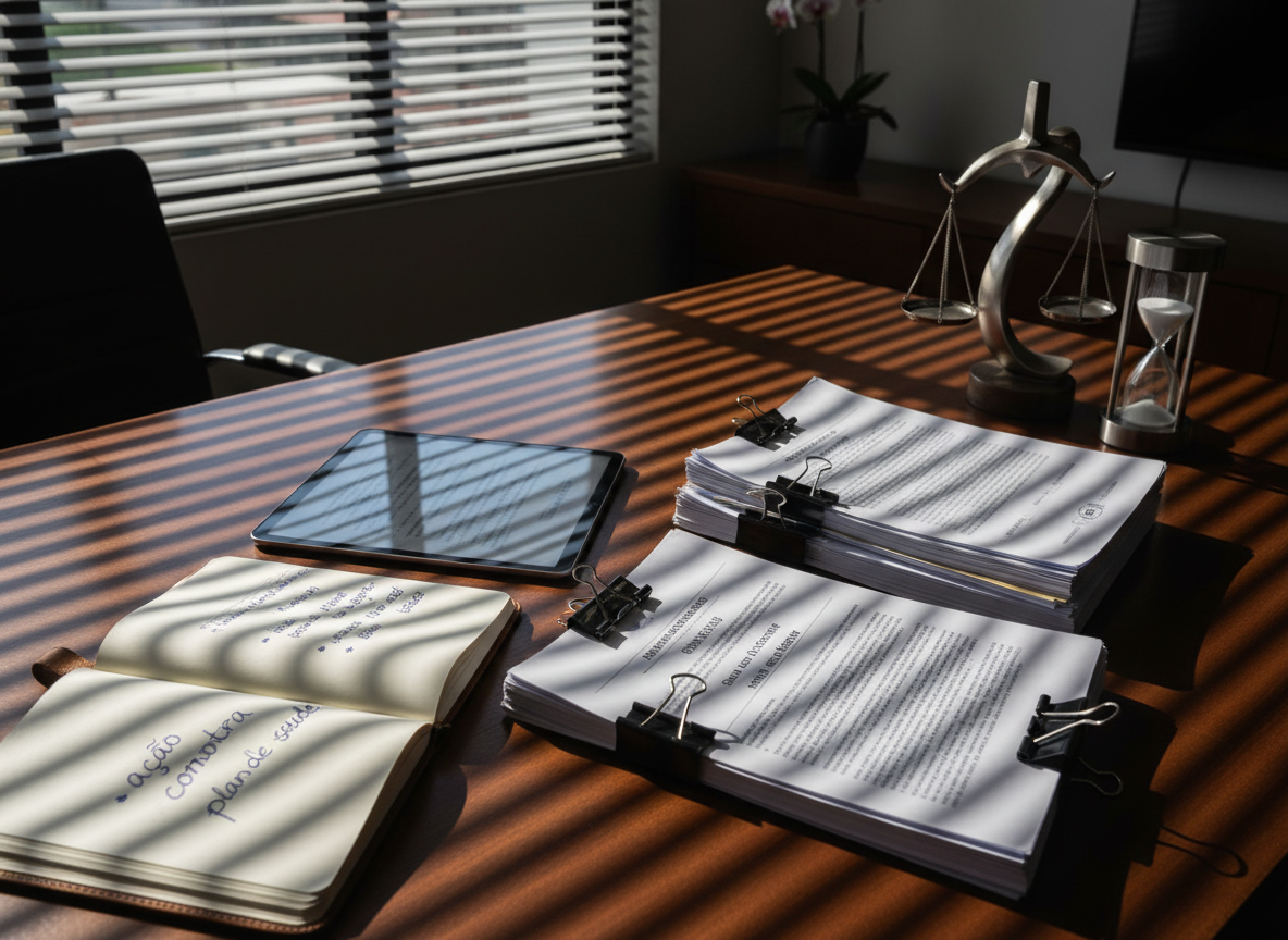 A meticulously organized litigation workspace featuring a large, dark-wood desk with an open notebook containing handwritten strategy notes about “ação contra plano de saúde” in neat blue ink. Next to it, a tablet displays a drafted initial petition, while printed jurisprudence decisions about health coverage are clipped together with metal binder clips. A scale of justice sculpture and a stainless-steel hourglass half-filled with sand stand on the side, symbolizing balance and timely action. Natural afternoon light filters through half-closed blinds, creating directional streaks of light and shadow across the desk. Photographed from a slightly elevated, three-quarter angle, the composition guides the eye along the diagonal of documents and devices. The mood is focused and determined, with clean photographic realism and a modern, Brazilian health-law aesthetic.