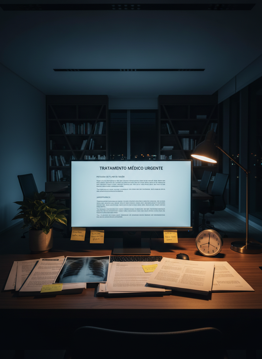 A night-time legal research scene inside a quiet Brasília office, showing a large monitor glowing with a detailed petition about “tratamento médico urgente” and jurisprudence on health plan obligations. Around the monitor, printed medical examinations, imaging reports, and highlighted legal precedents are spread in an intentional, tidy pattern on a dark walnut desk. A small potted plant and a minimalist desk clock soften the space. A single, warm-toned desk lamp creates a pool of light on the work area, leaving the rest of the room in gentle shadow, evoking concentration and dedication. Captured straight-on at eye level, with moderate depth of field, all key elements remain in sharp focus. The mood is committed and reassuring, emphasizing tireless advocacy in health law through refined photographic realism.