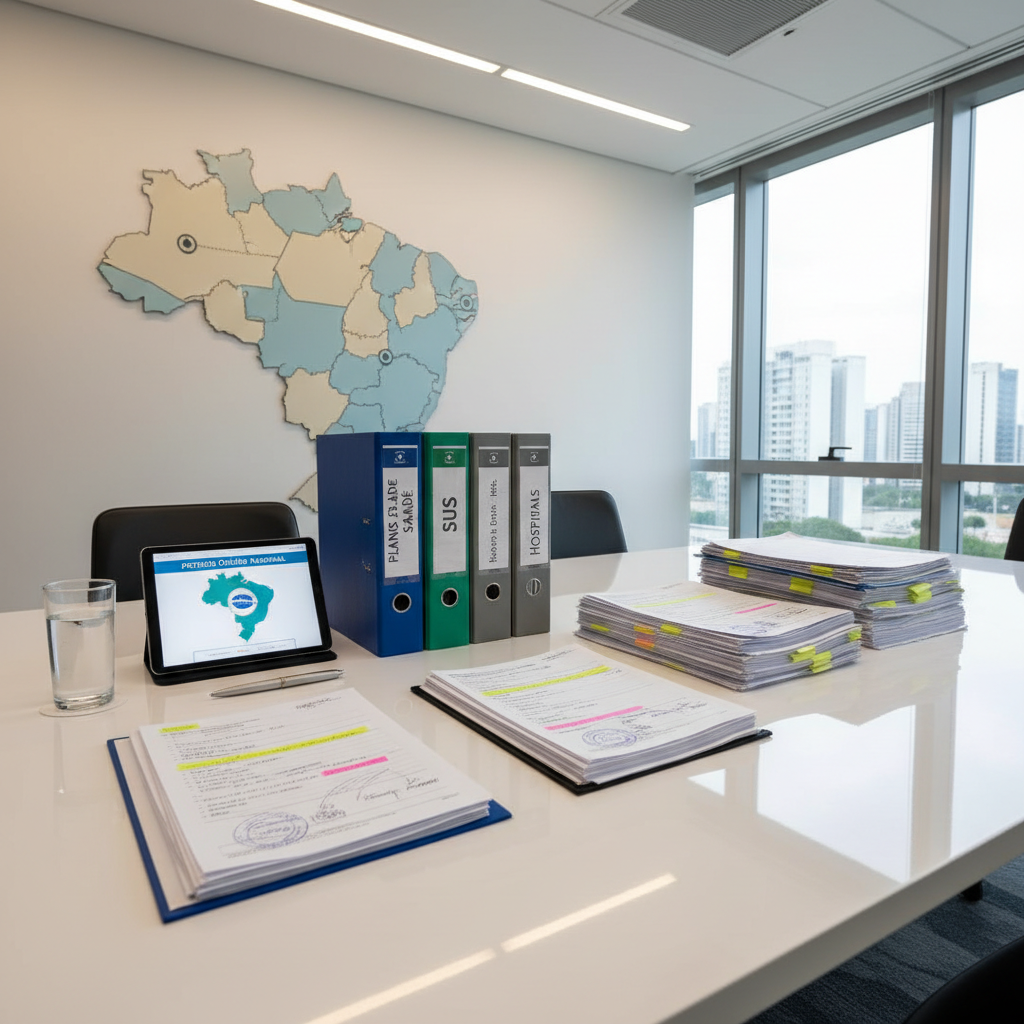 A polished white conference table in a contemporary Brasília law office, meticulously arranged with color-coded legal binders labeled “Planos de Saúde”, “SUS” and “Hospitais”, alongside neatly stacked medical records and highlighted case files. A large, wall-mounted map of Brazil in muted tones fills the background, subtly emphasizing nationwide online service. Soft, indirect ceiling lighting combines with natural daylight from floor-to-ceiling windows, creating a bright yet calm ambiance with gentle, controlled shadows. Shot from a slightly elevated angle, the composition follows the rule of thirds, centering on the table’s organized materials. A glass of water, a sleek pen, and a tablet showing a digital petition add modernity. The mood is precise, reliable, and methodical, rendered in clean, professional photographic realism.